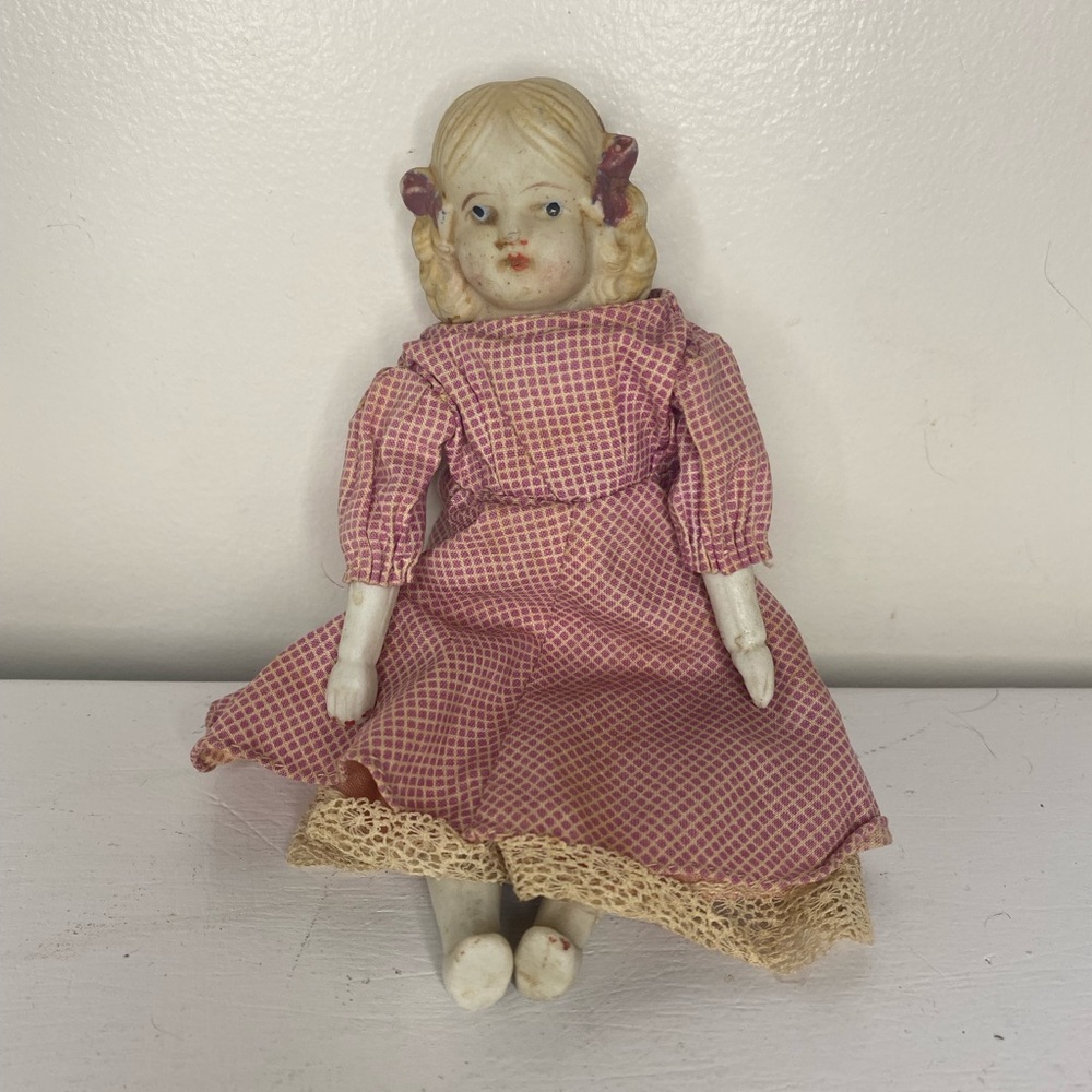 Antique Vintage Nippon Porcelain Blond Girl with Bows in a Prairie Dress